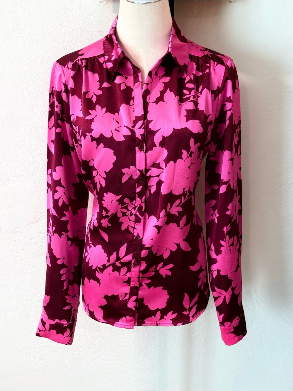 Pleione Magenta Pink Floral Button-Down Blouse Sz:M Boho Cottagecore OfficeChic